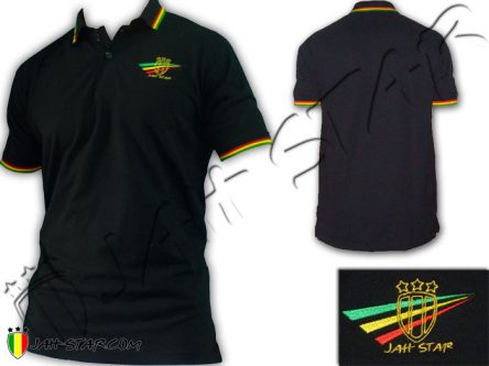 Polo Reggae Rasta Bob Marley Rastafari Jah Star Logo Bordado Negro PO103B
