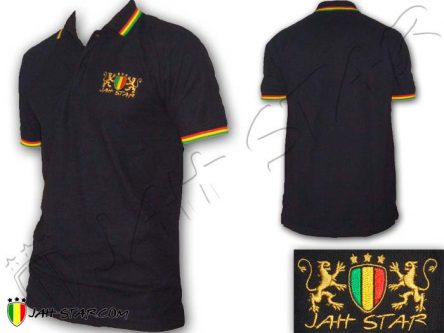 Polo Reggae Rasta Bob Marley Rastafari Lion Jah Star Logo Bordado Negro PO105B
