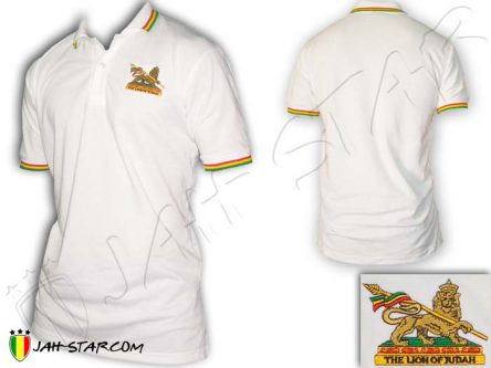 Polo Reggae Rasta Conquering Lion Of Judah Logo Bordado Blanco PO109W