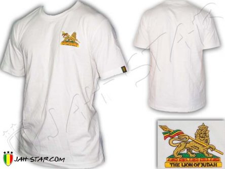 Tee Shirt Rasta Conquering Lion of Judah Logo Bordada Color dorado Blanco TS109W